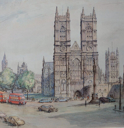 Westminster Abbey, London. Watercolour (1950's) by Adeline M Barker (1888-1970)