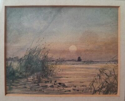 STEPHEN JOHN BATCHELDER d.1932 WATERCOLOUR SUNSET ST BENETS ABBEY NORFOLK BROADS