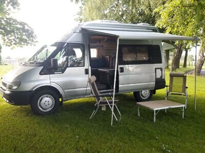 Ford transit duetto camper van with trailer, inflatable awning fiamma box canopy