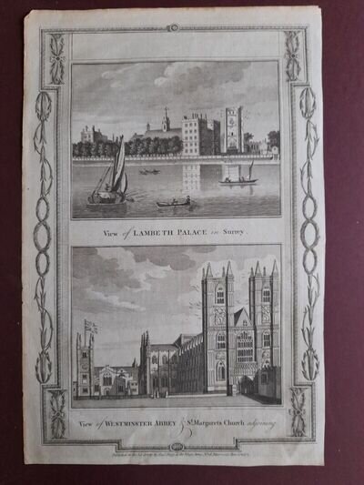 LAMBETH PALACE WESTMINSTER ABBEY LONDON ORIGINAL 1770 PRINT 15"x9"