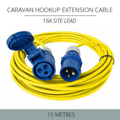 15M MAINS HOOK UP CABLE WITH 16A PLUGS / SOCKETS FOR CARAVANS / CAMPING - YELLOW
