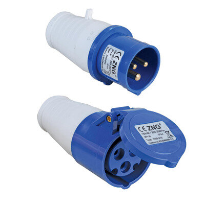16A 230V Cable Mount CEE Plug, Socket 2P+E Blue IP44 Male & Female Connector