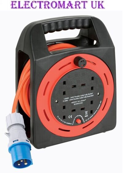 16A PLUG TO 4 13A SOCKETS CAMPING CARAVAN TENT MAINS HOOK UP EXT CABLE REEL 15M
