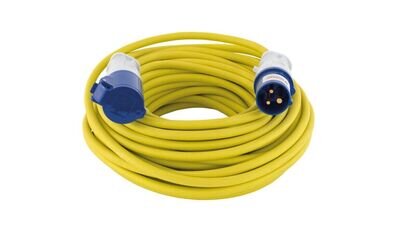 15M MAINS HOOK UP CABLE WITH 16A PLUGS / SOCKETS FOR CARAVANS / CAMPING - YELLOW