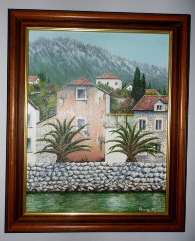 1988, Mlini, Yugoslavia, Town Scene, Vintage Oil on Board Painting, by H. Bailey